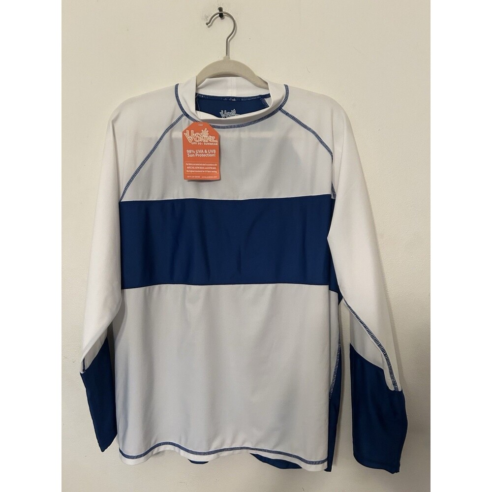 UV SKINZ UPF 50+ LS Stretch  Beach Shirt White And Blue Mock Neck Mens Sz 3XL